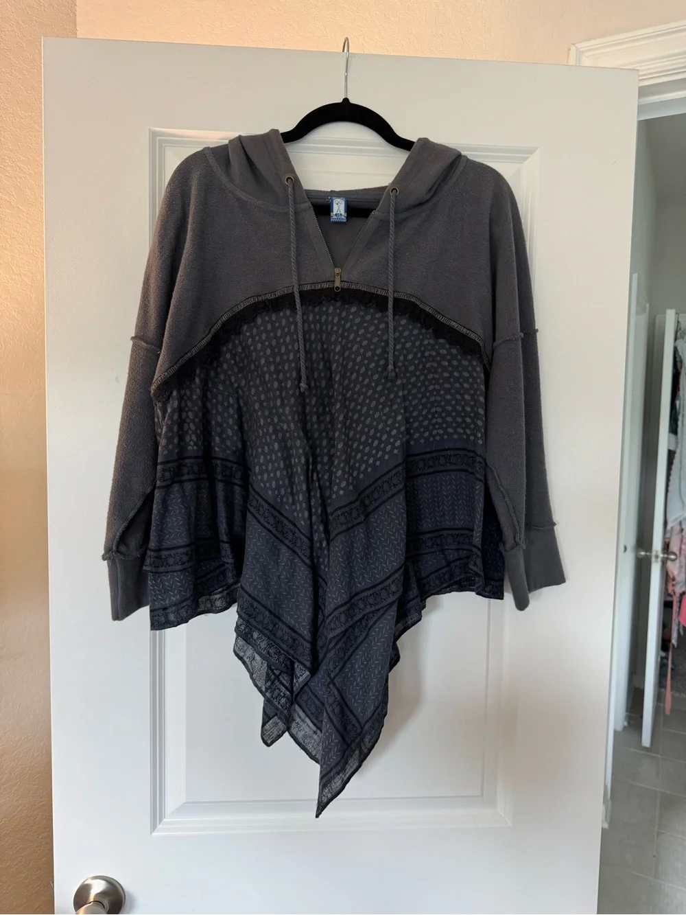 Free People Dark Gray Hooded Handkerchief Hem Poncho